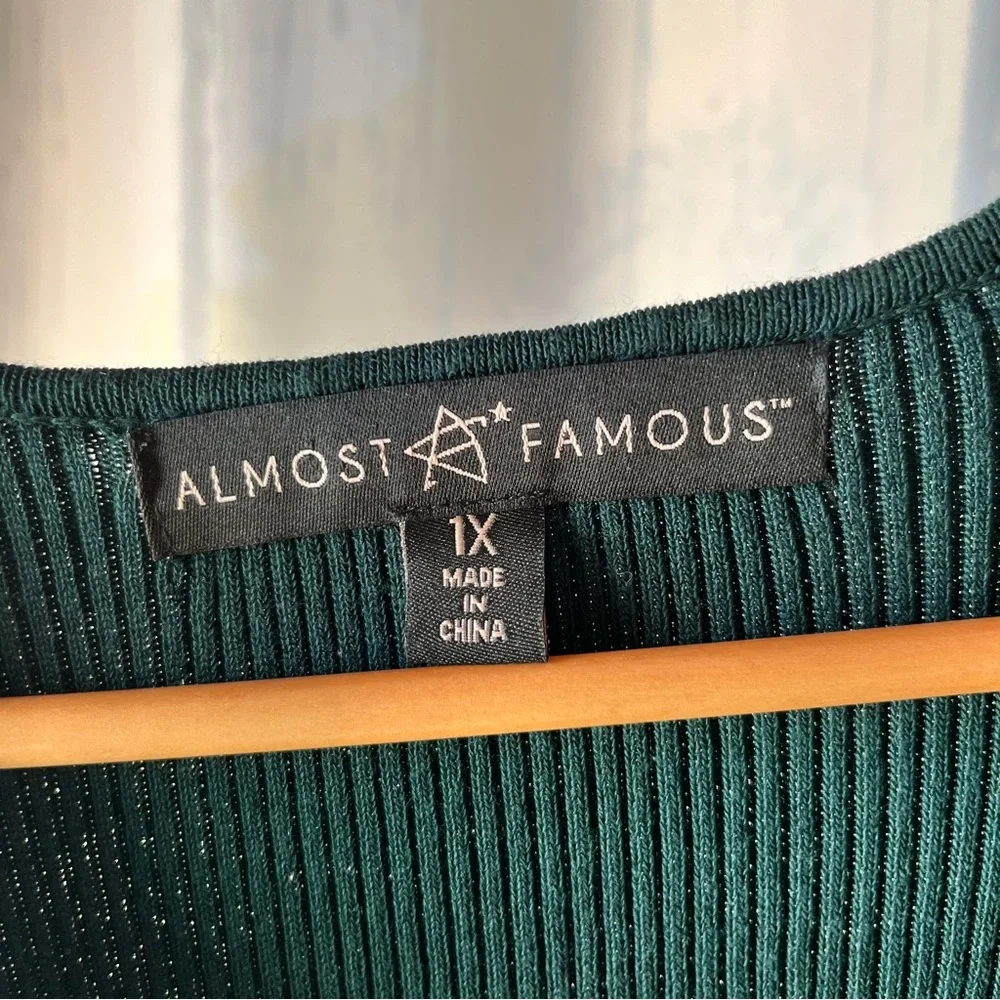 🎉HP🎉 Almost Famous Green Sweater Dress Organza Long Sleeve with Black Flowers - Picture 3 of 10